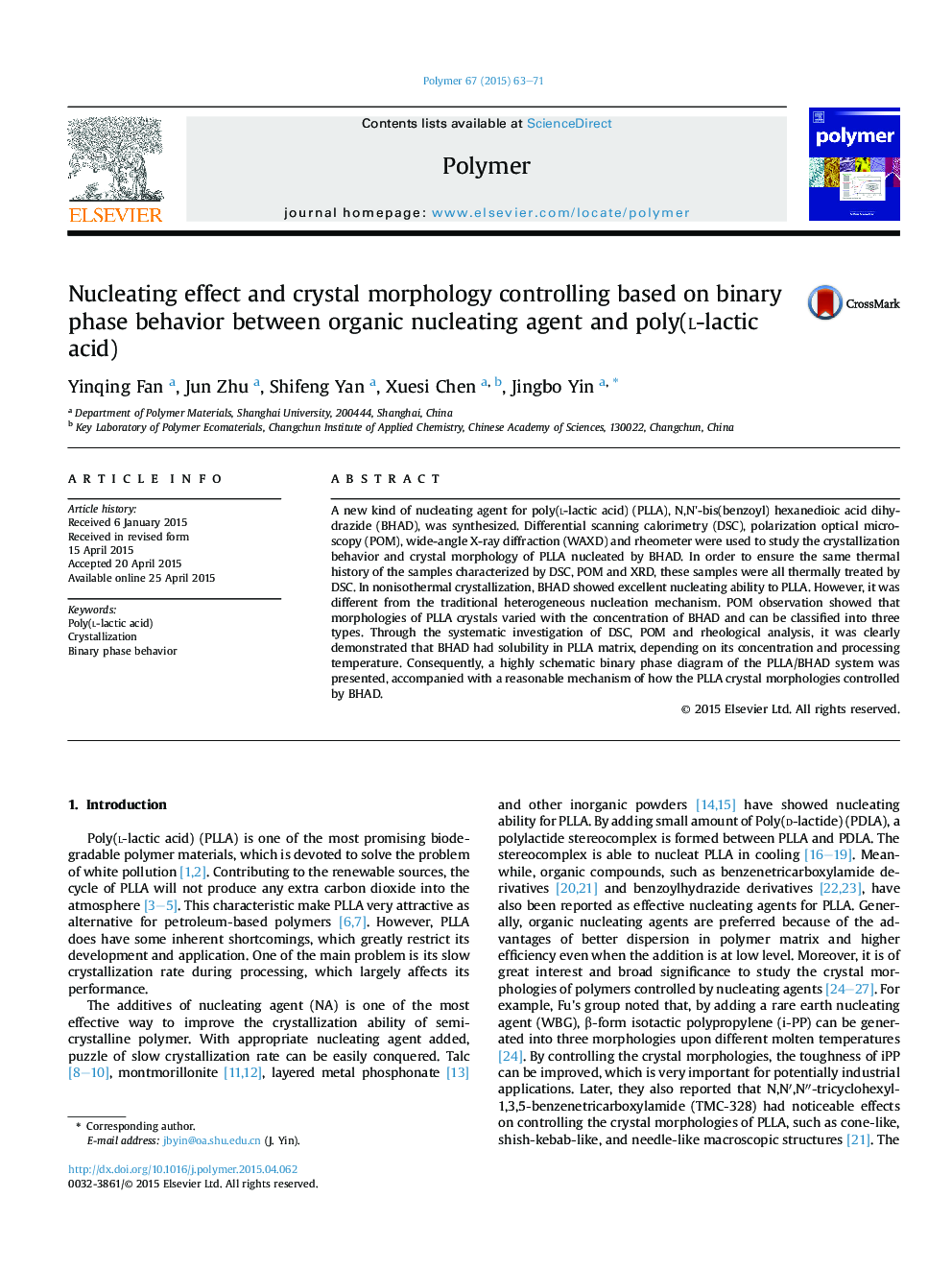 Nucleating effect and crystal morphology controlling based on binary phase behavior between organic nucleating agent and poly(l-lactic acid)