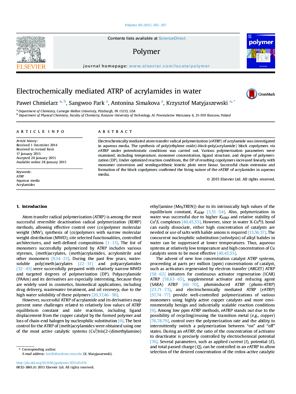 Electrochemically mediated ATRP of acrylamides in water