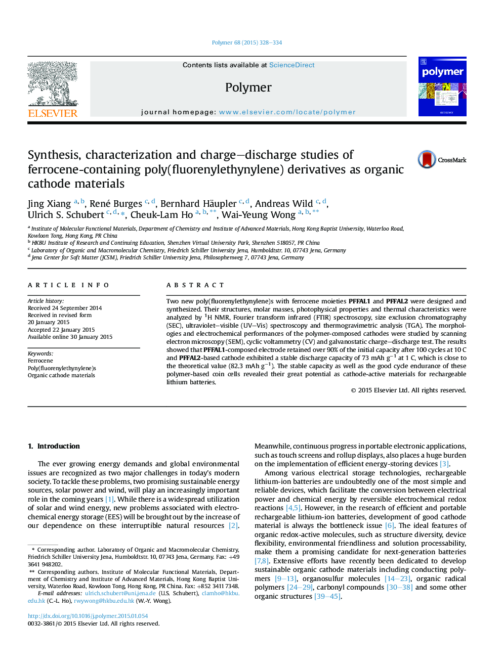 Synthesis, characterization and charge-discharge studies of ferrocene-containing poly(fluorenylethynylene) derivatives as organic cathode materials