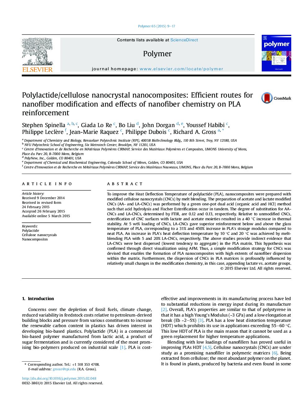 Polylactide/cellulose nanocrystal nanocomposites: Efficient routes for nanofiber modification and effects of nanofiber chemistry on PLA reinforcement