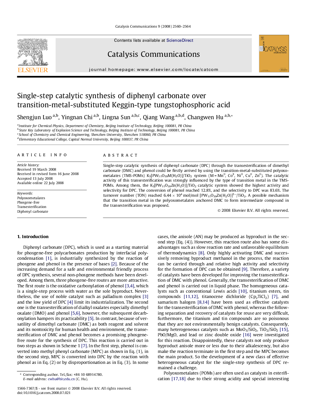 Single-step catalytic synthesis of diphenyl carbonate over transition-metal-substituted Keggin-type tungstophosphoric acid