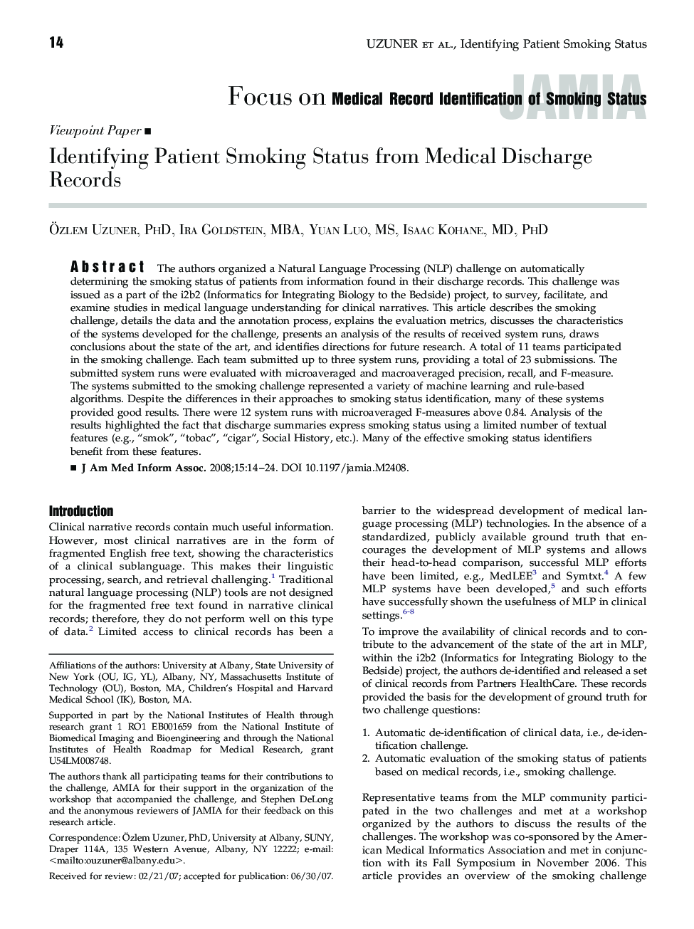 Identifying Patient Smoking Status from Medical Discharge Records 