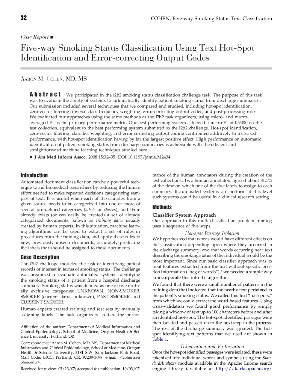 Five-way Smoking Status Classification Using Text Hot-Spot Identification and Error-correcting Output Codes