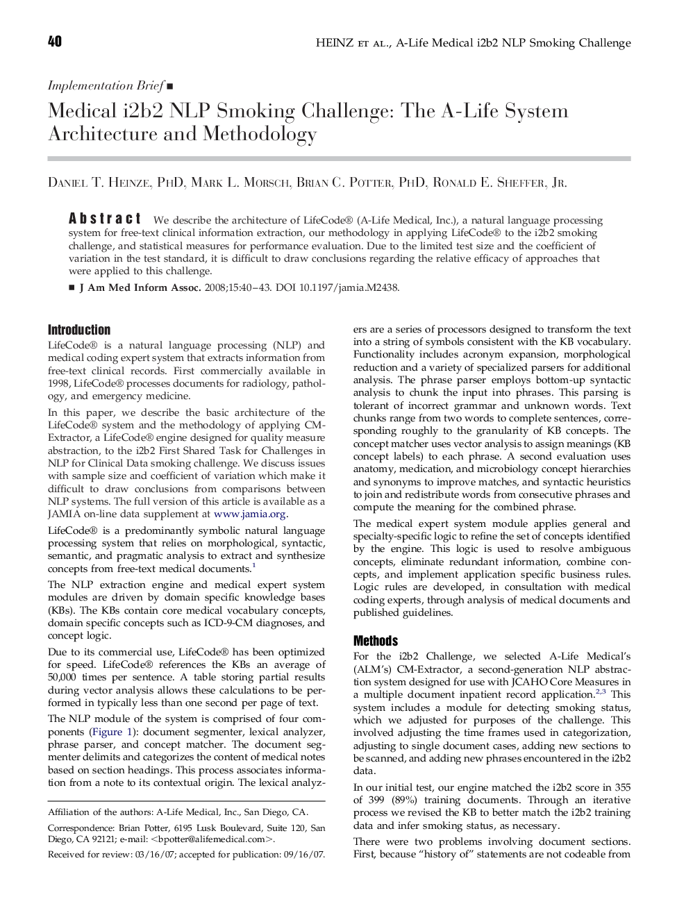 Medical i2b2 NLP Smoking Challenge: The A-Life System Architecture and Methodology