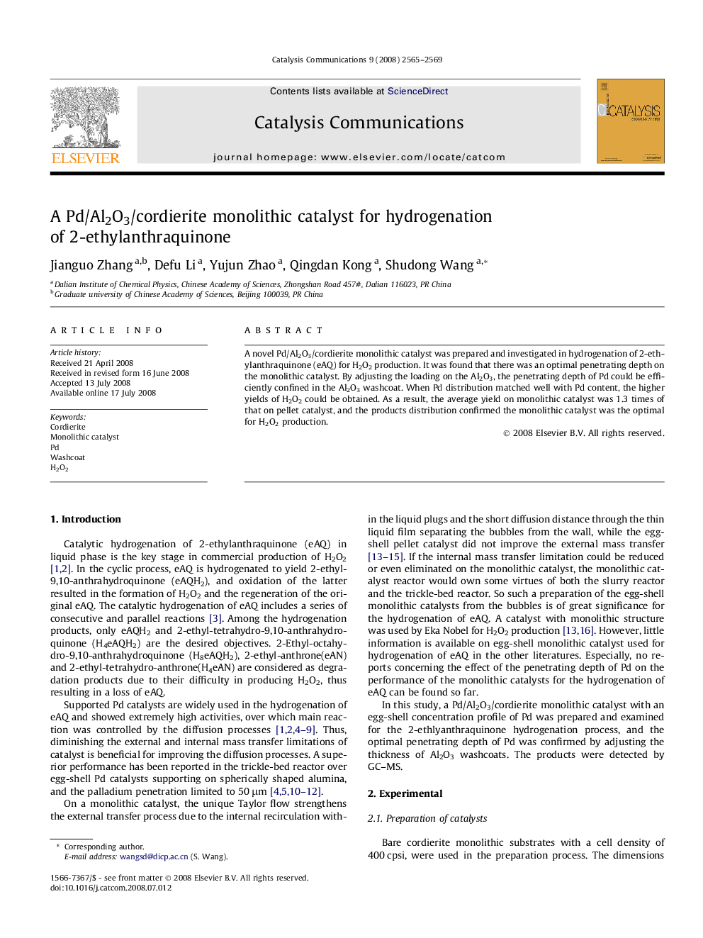 A Pd/Al2O3/cordierite monolithic catalyst for hydrogenation of 2-ethylanthraquinone