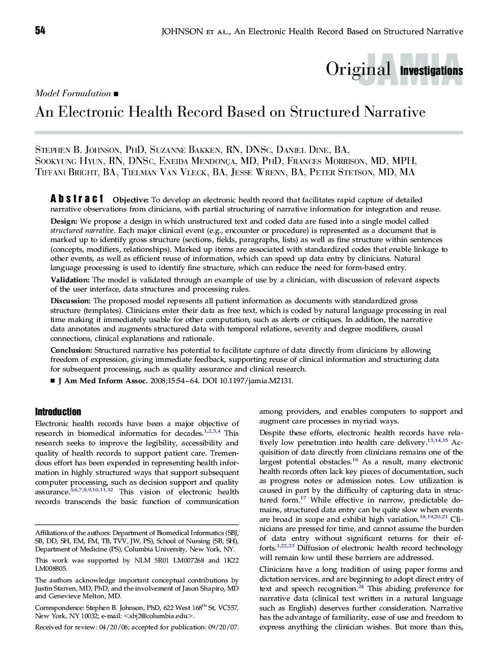 An Electronic Health Record Based on Structured Narrative 