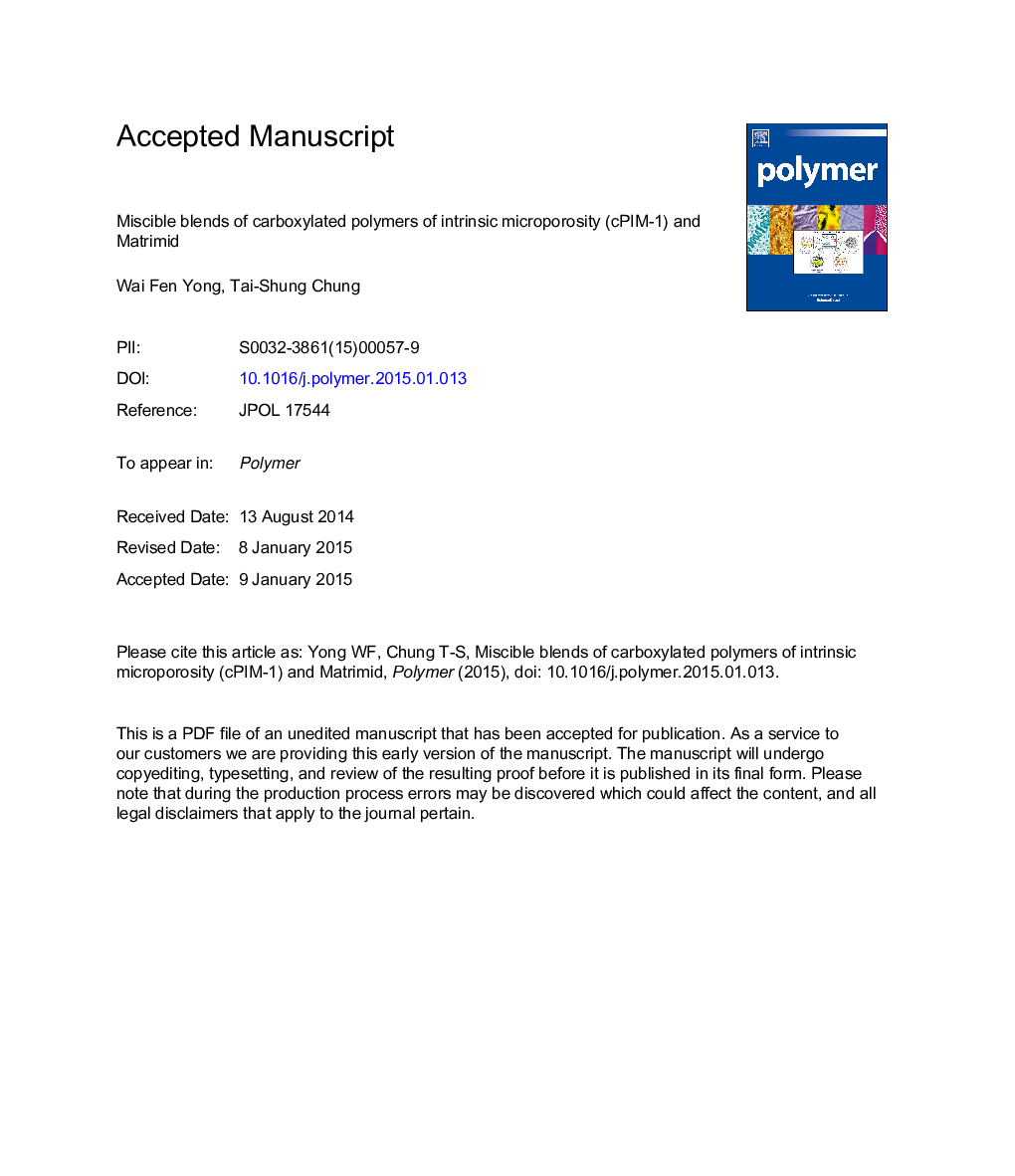 Miscible blends of carboxylated polymers of intrinsic microporosity (cPIM-1) and Matrimid