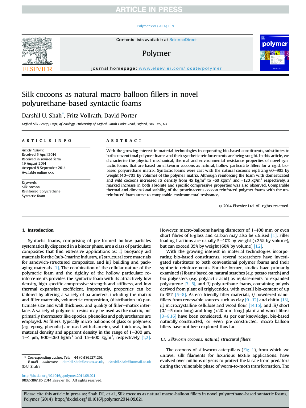 Silk cocoons as natural macro-balloon fillers in novel polyurethane-based syntactic foams