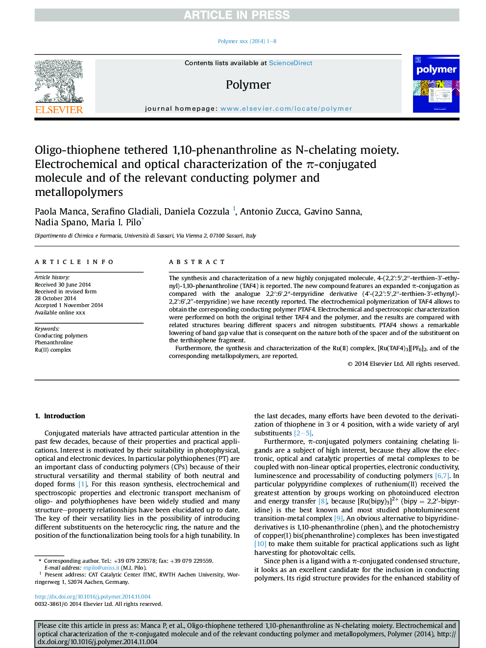 Oligo-thiophene tethered 1,10-phenanthroline as N-chelating moiety. Electrochemical and optical characterization of the Ï-conjugated molecule and of the relevant conducting polymer and metallopolymers