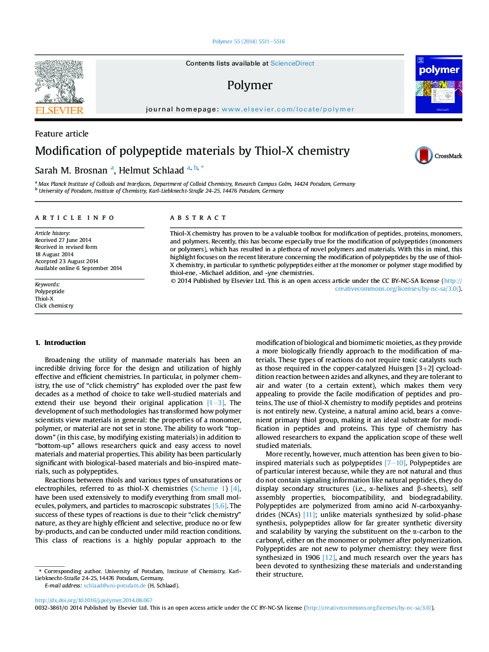 Modification of polypeptide materials by Thiol-X chemistry