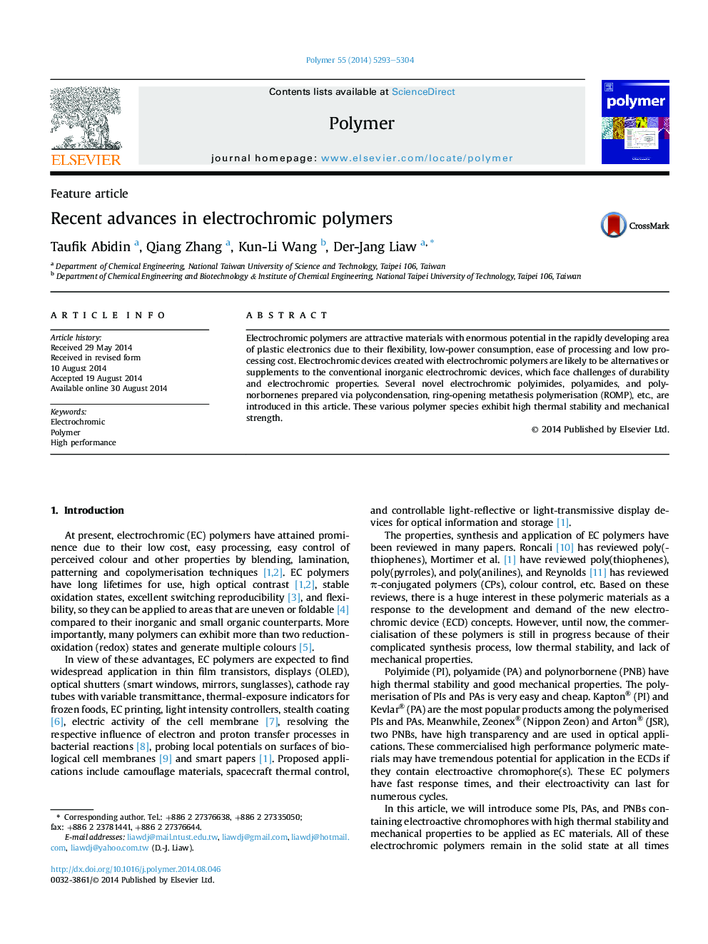 Recent advances in electrochromic polymers