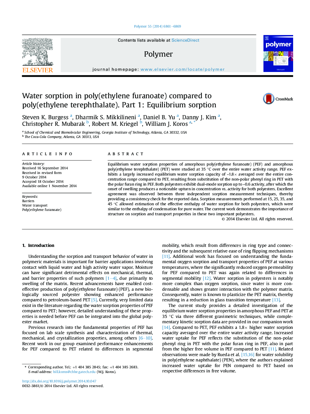 Water sorption in poly(ethylene furanoate) compared to poly(ethyleneÂ terephthalate). Part 1: Equilibrium sorption