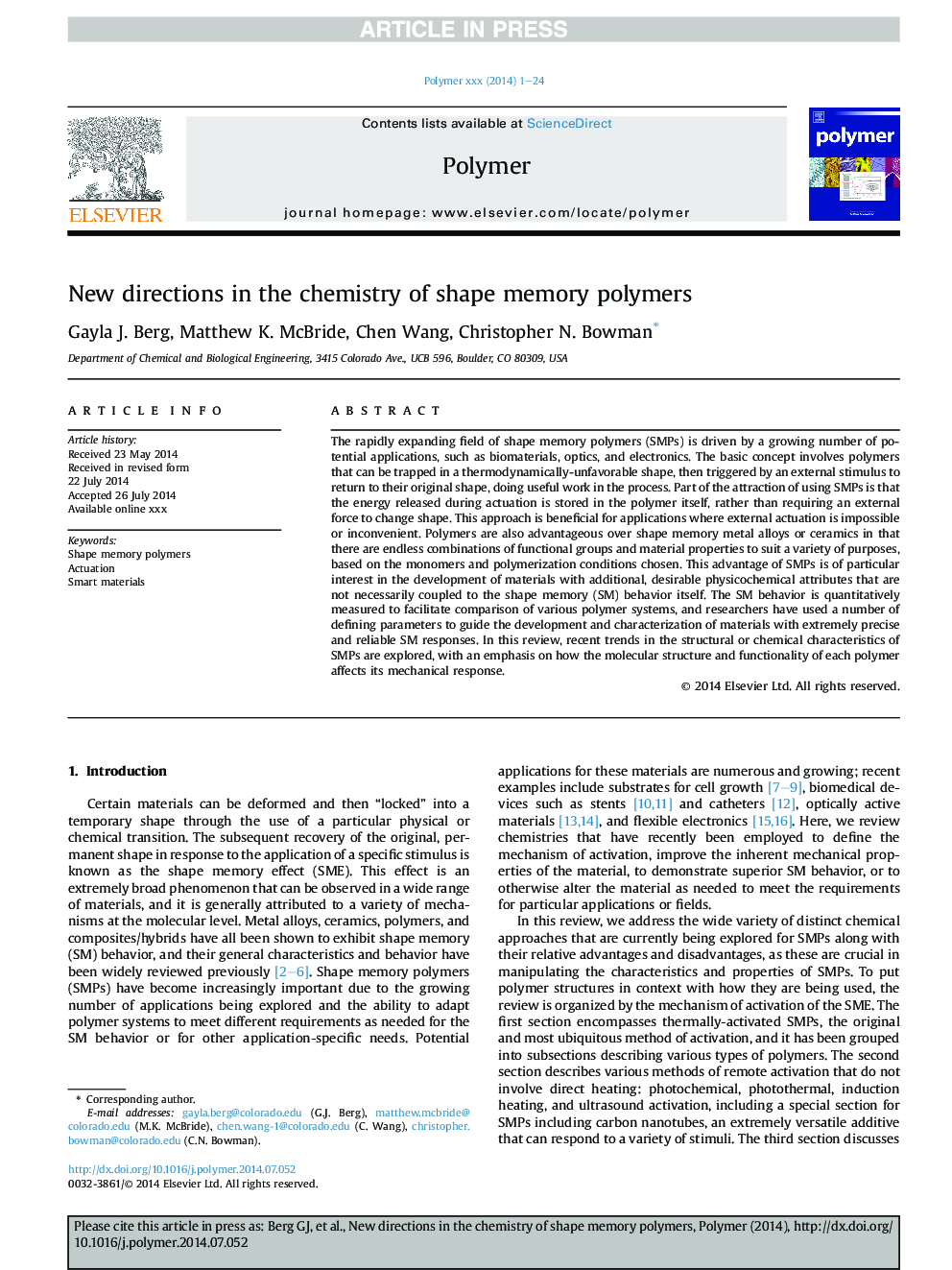 New directions in the chemistry of shape memory polymers