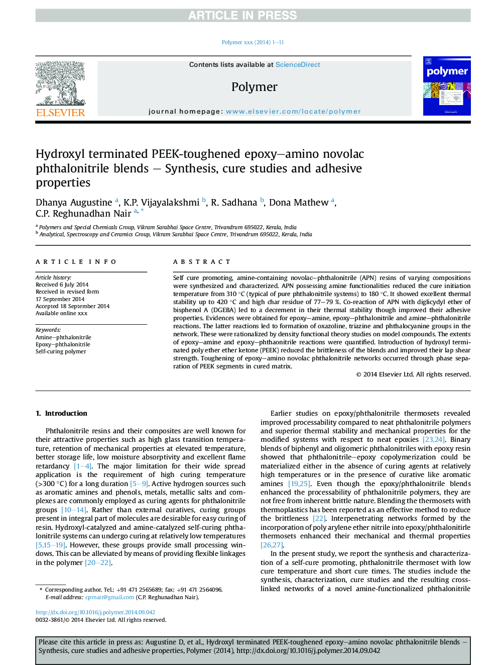 Hydroxyl terminated PEEK-toughened epoxy-amino novolac phthalonitrile blends - Synthesis, cure studies and adhesive properties