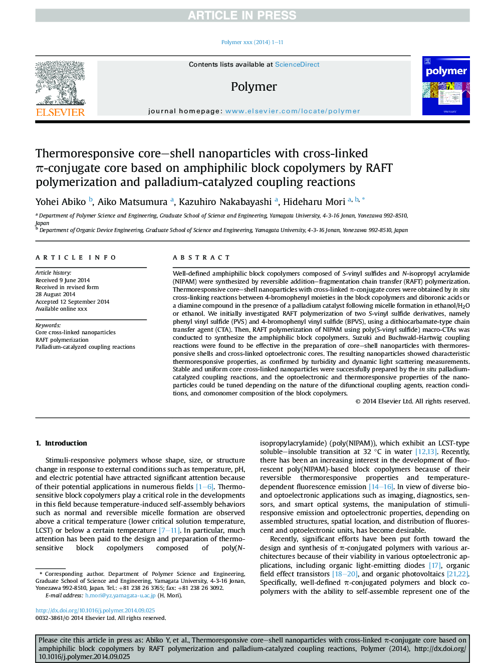 Thermoresponsive core-shell nanoparticles with cross-linked Ï-conjugate core based on amphiphilic block copolymers by RAFT polymerization and palladium-catalyzed coupling reactions