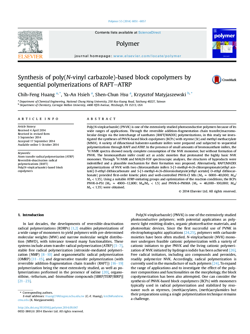 Synthesis of poly(N-vinyl carbazole)-based block copolymers by sequential polymerizations of RAFT-ATRP