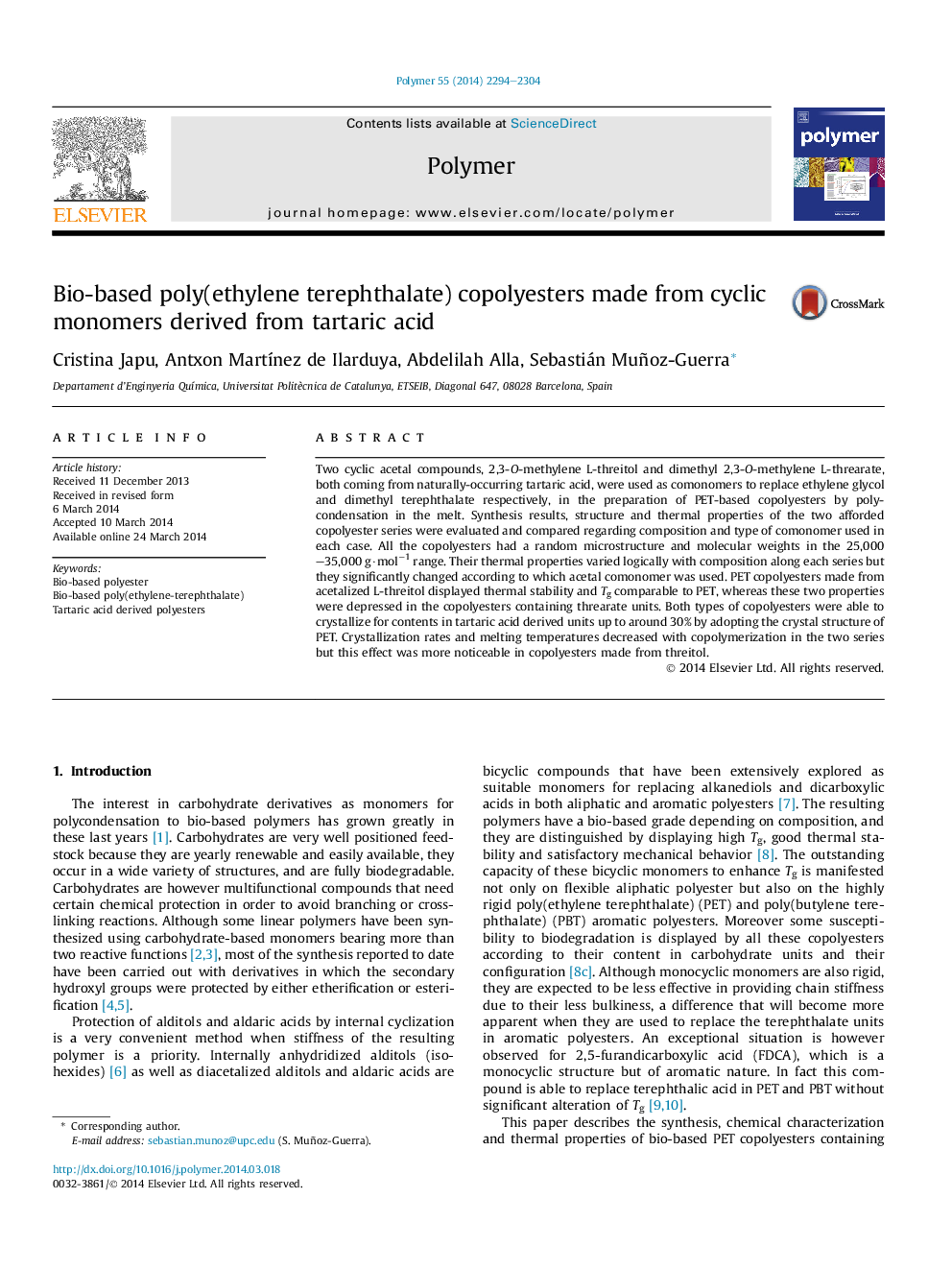 Bio-based poly(ethylene terephthalate) copolyesters made from cyclic monomers derived from tartaric acid