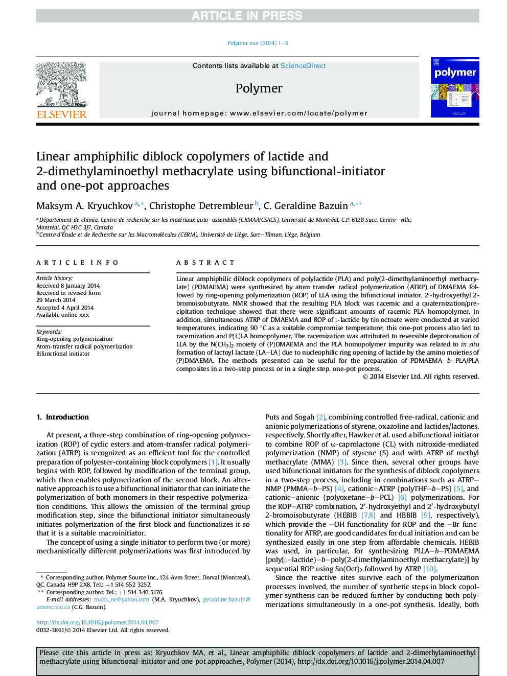 Linear amphiphilic diblock copolymers of lactide and 2-dimethylaminoethyl methacrylate using bifunctional-initiator andÂ one-pot approaches