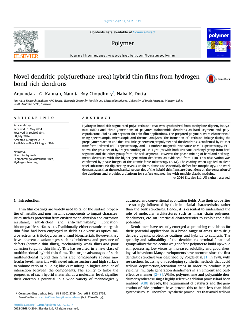 Novel dendritic-poly(urethane-urea) hybrid thin films from hydrogen bond rich dendrons
