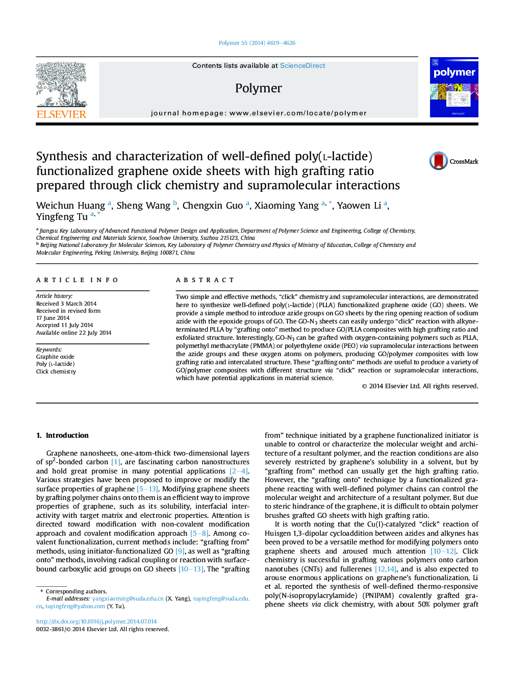 Synthesis and characterization of well-defined poly(l-lactide) functionalized graphene oxide sheets with high grafting ratio prepared through click chemistry and supramolecular interactions