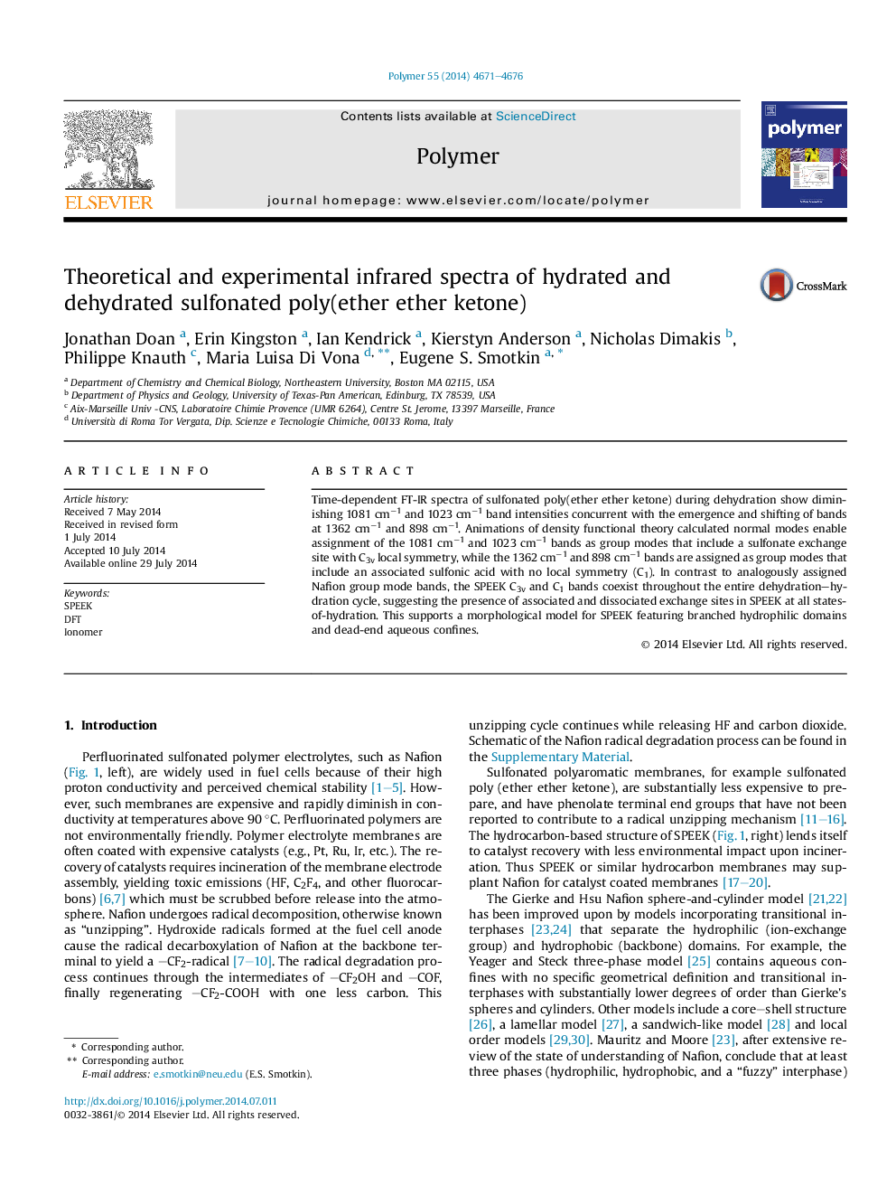 Theoretical and experimental infrared spectra of hydrated and dehydrated sulfonated poly(ether ether ketone)