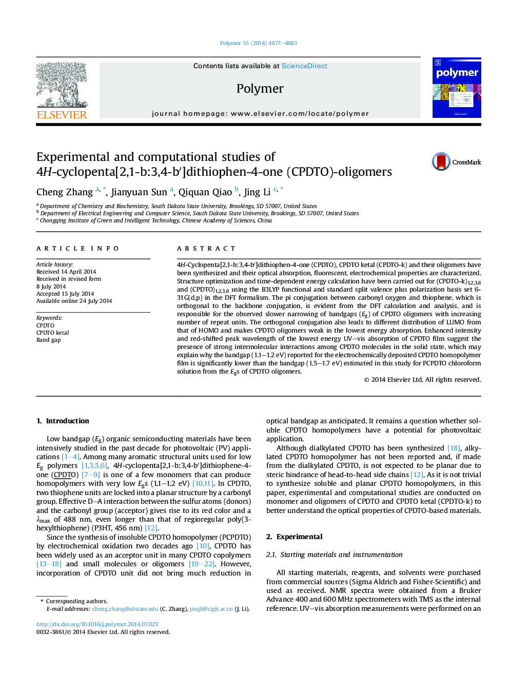 Experimental and computational studies of 4H-cyclopenta[2,1-b:3,4-bâ²]dithiophen-4-one (CPDTO)-oligomers