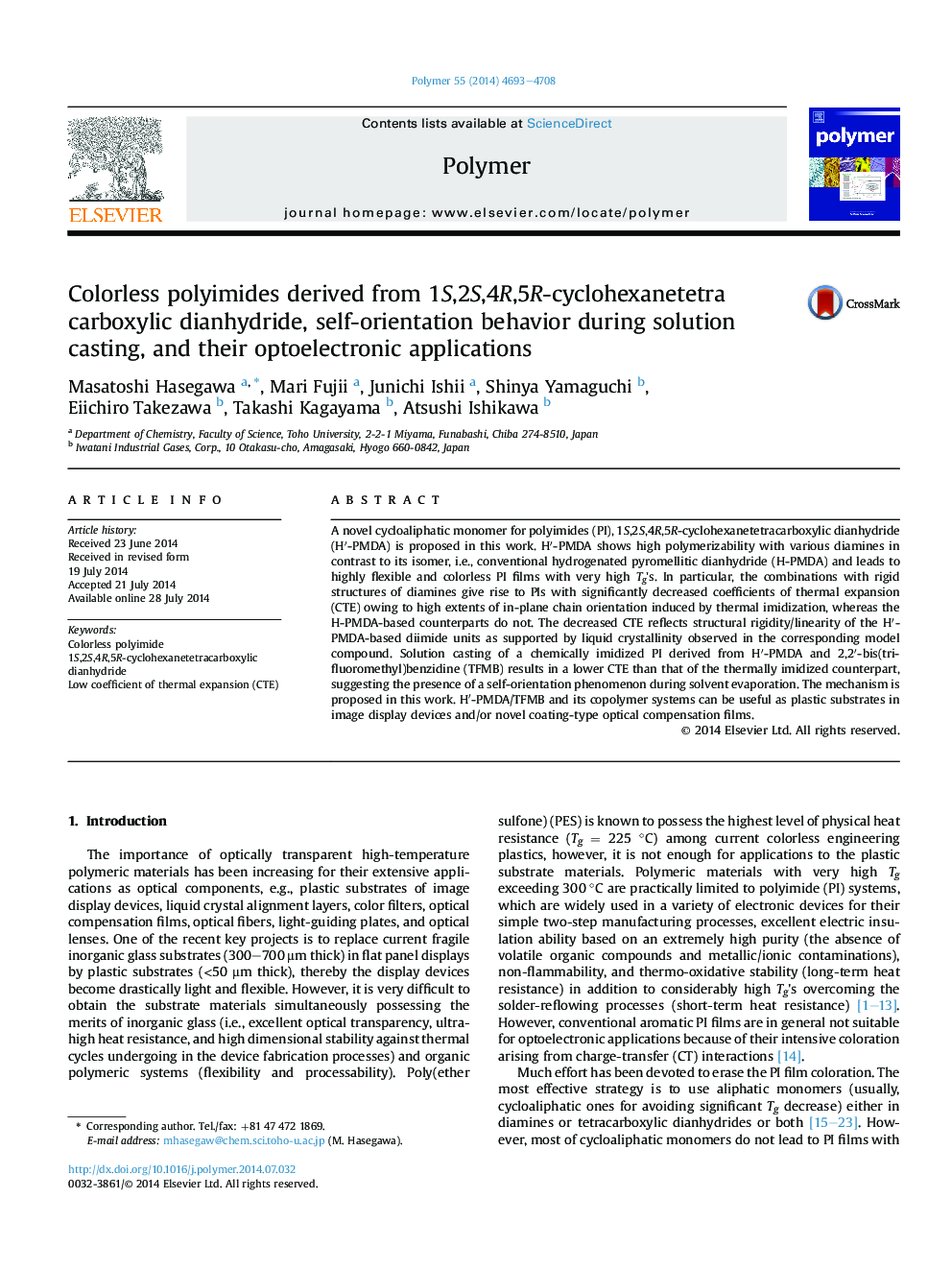 Colorless polyimides derived from 1S,2S,4R,5R-cyclohexanetetracarboxylic dianhydride, self-orientation behavior during solution casting, and their optoelectronic applications