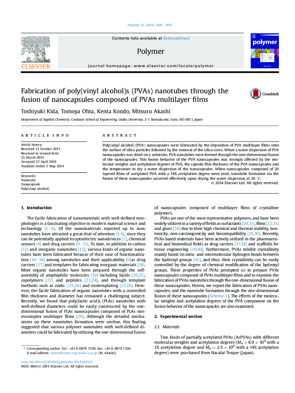 Fabrication of poly(vinyl alcohol)s (PVAs) nanotubes through the fusion of nanocapsules composed of PVAs multilayer films