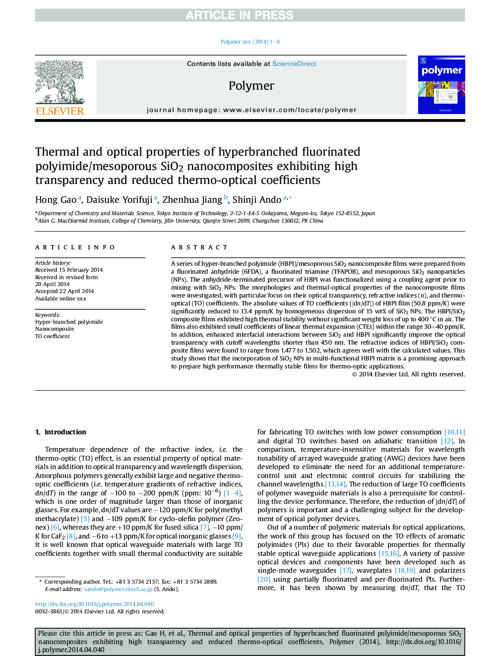 Thermal and optical properties of hyperbranched fluorinated polyimide/mesoporous SiO2 nanocomposites exhibiting high transparency and reduced thermo-optical coefficients