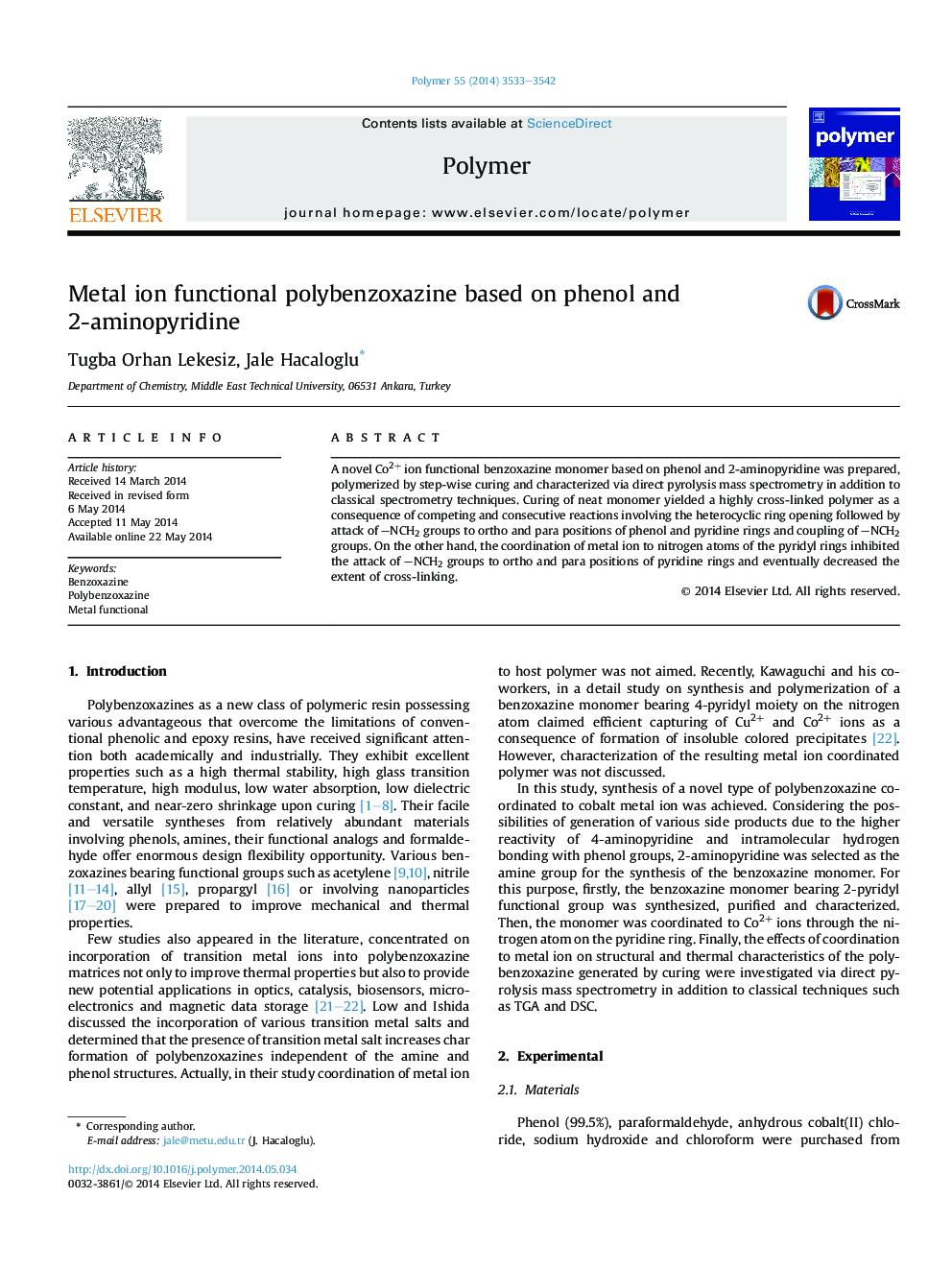 Metal ion functional polybenzoxazine based on phenol and 2-aminopyridine