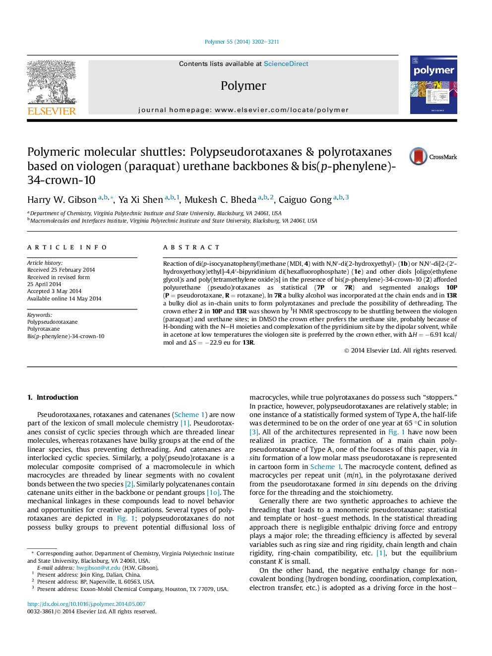 Polymeric molecular shuttles: Polypseudorotaxanes & polyrotaxanes based on viologen (paraquat) urethane backbones & bis(p-phenylene)-34-crown-10