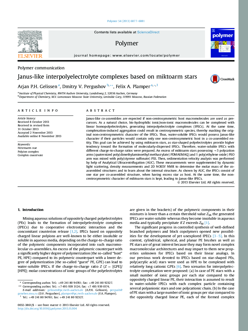 Janus-like interpolyelectrolyte complexes based on miktoarm stars