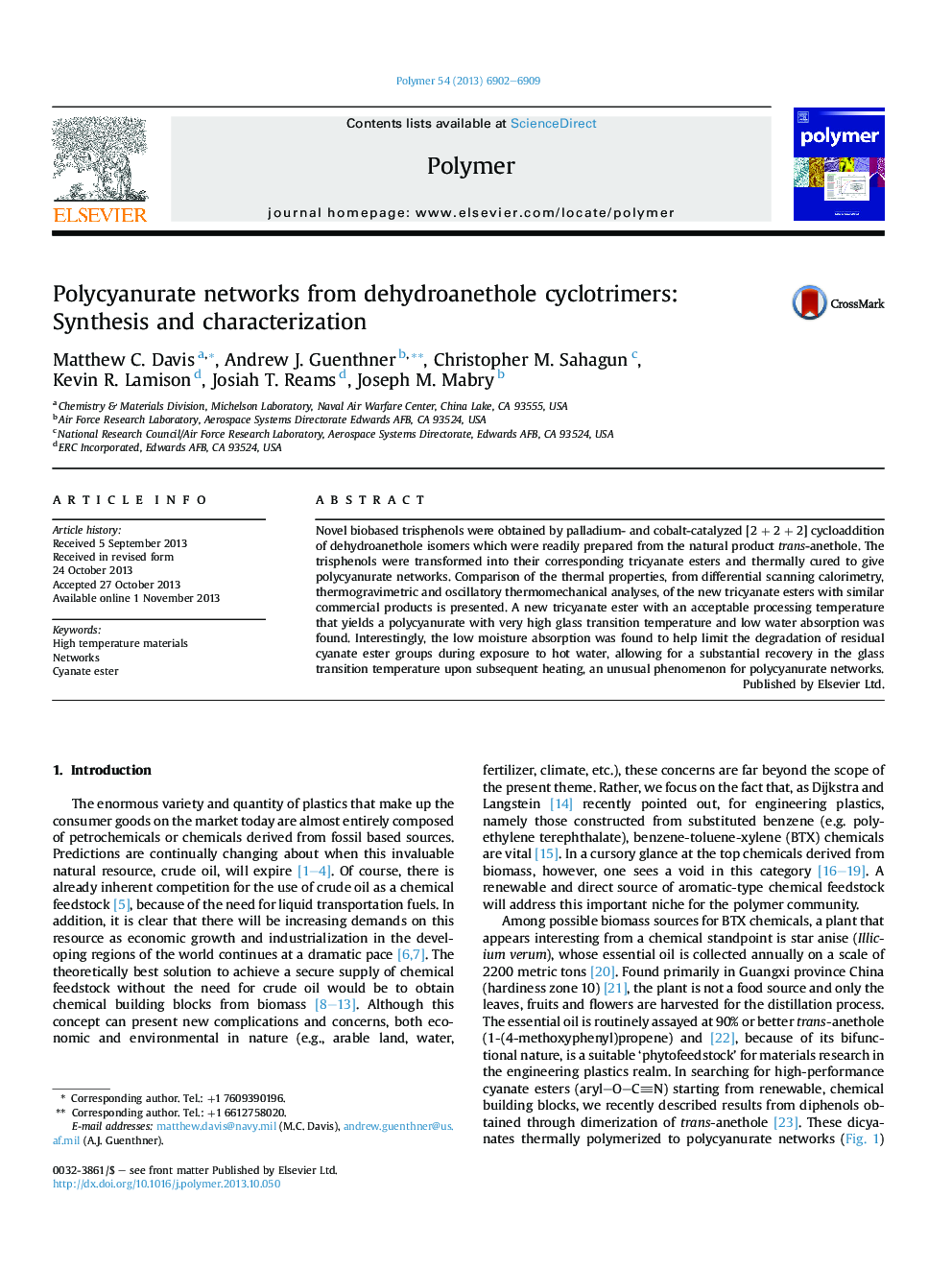 Polycyanurate networks from dehydroanethole cyclotrimers: Synthesis and characterization