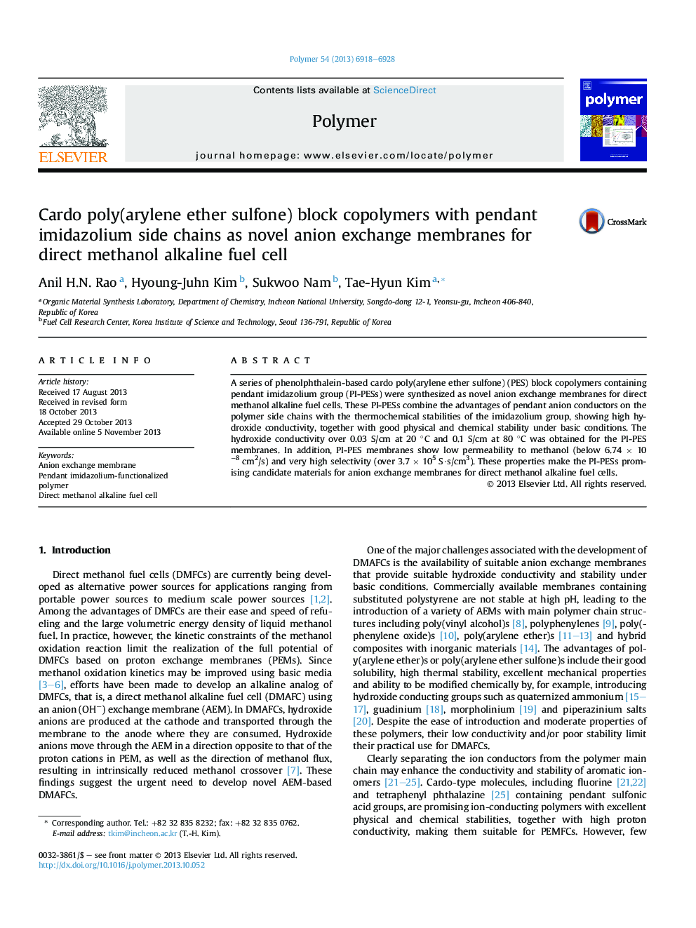 Cardo poly(arylene ether sulfone) block copolymers with pendant imidazolium side chains as novel anion exchange membranes for direct methanol alkaline fuelÂ cell