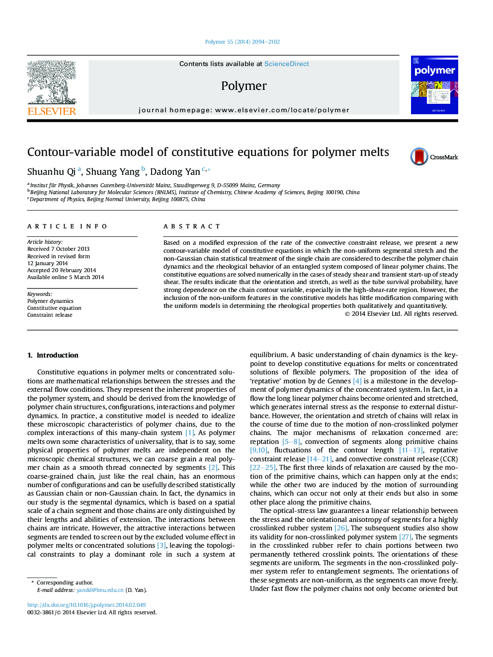 Contour-variable model of constitutive equations for polymer melts