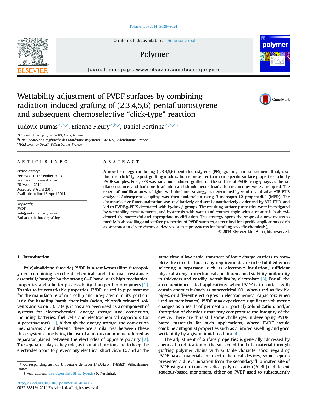 Wettability adjustment of PVDF surfaces by combining radiation-induced grafting of (2,3,4,5,6)-pentafluorostyrene andÂ subsequent chemoselective “click-type” reaction