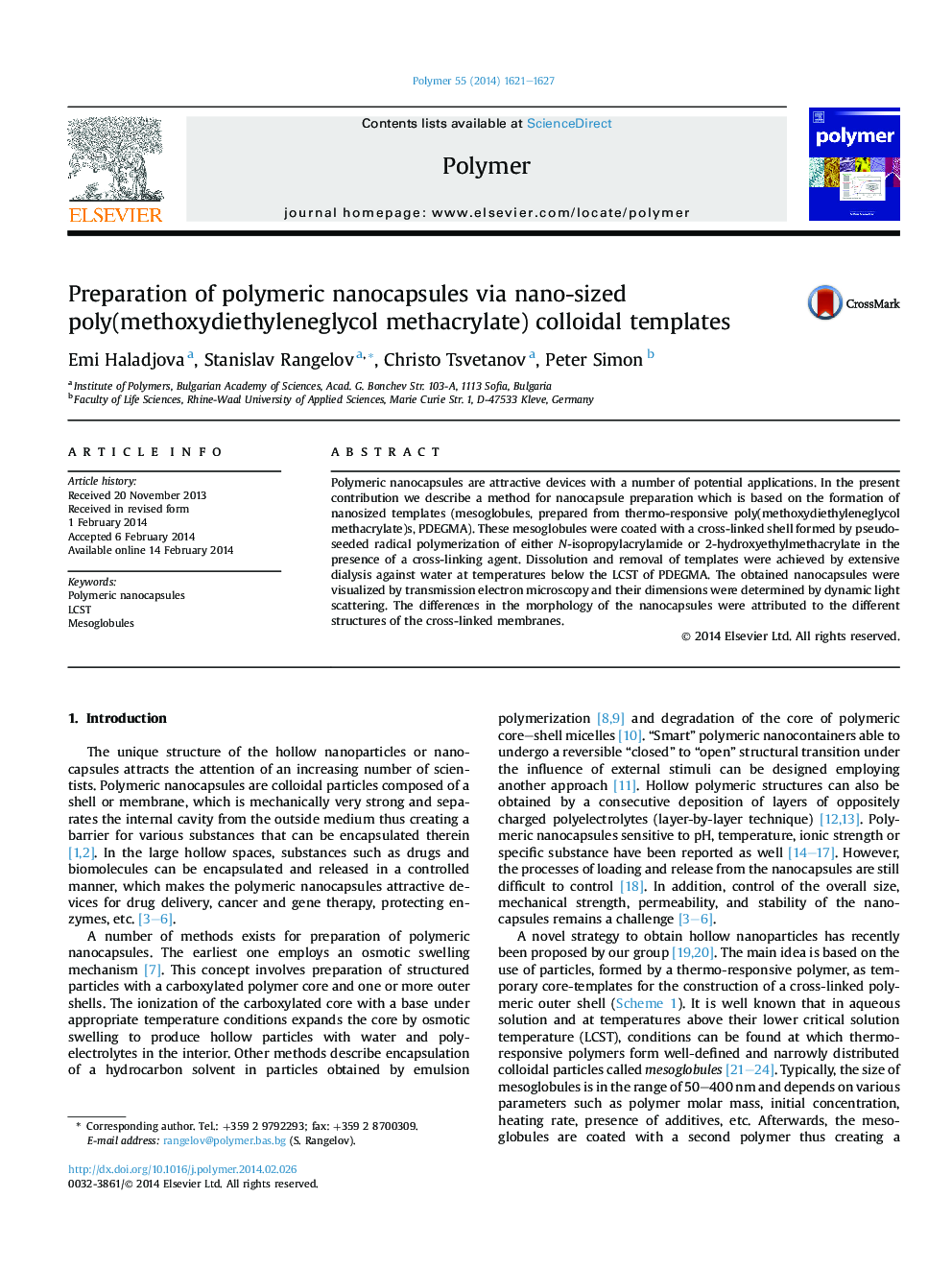 Preparation of polymeric nanocapsules via nano-sized poly(methoxydiethyleneglycol methacrylate) colloidal templates