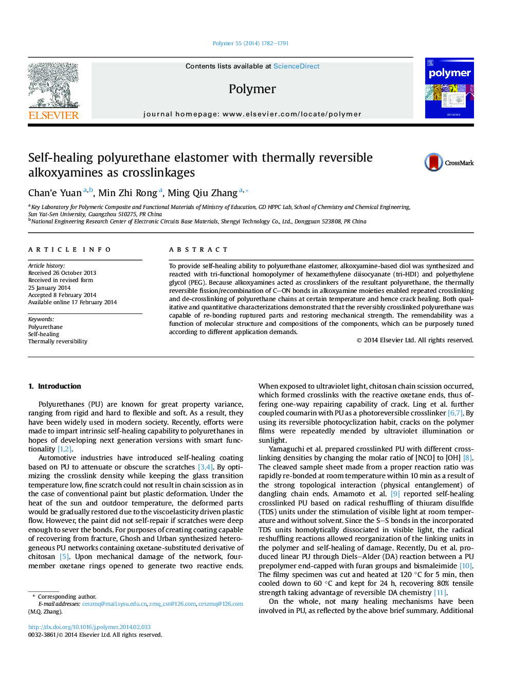 Self-healing polyurethane elastomer with thermally reversible alkoxyamines asÂ crosslinkages