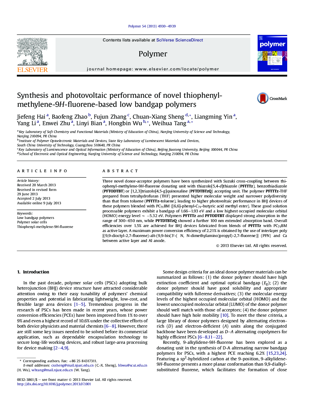 Synthesis and photovoltaic performance of novel thiophenyl-methylene-9H-fluorene-based low bandgap polymers