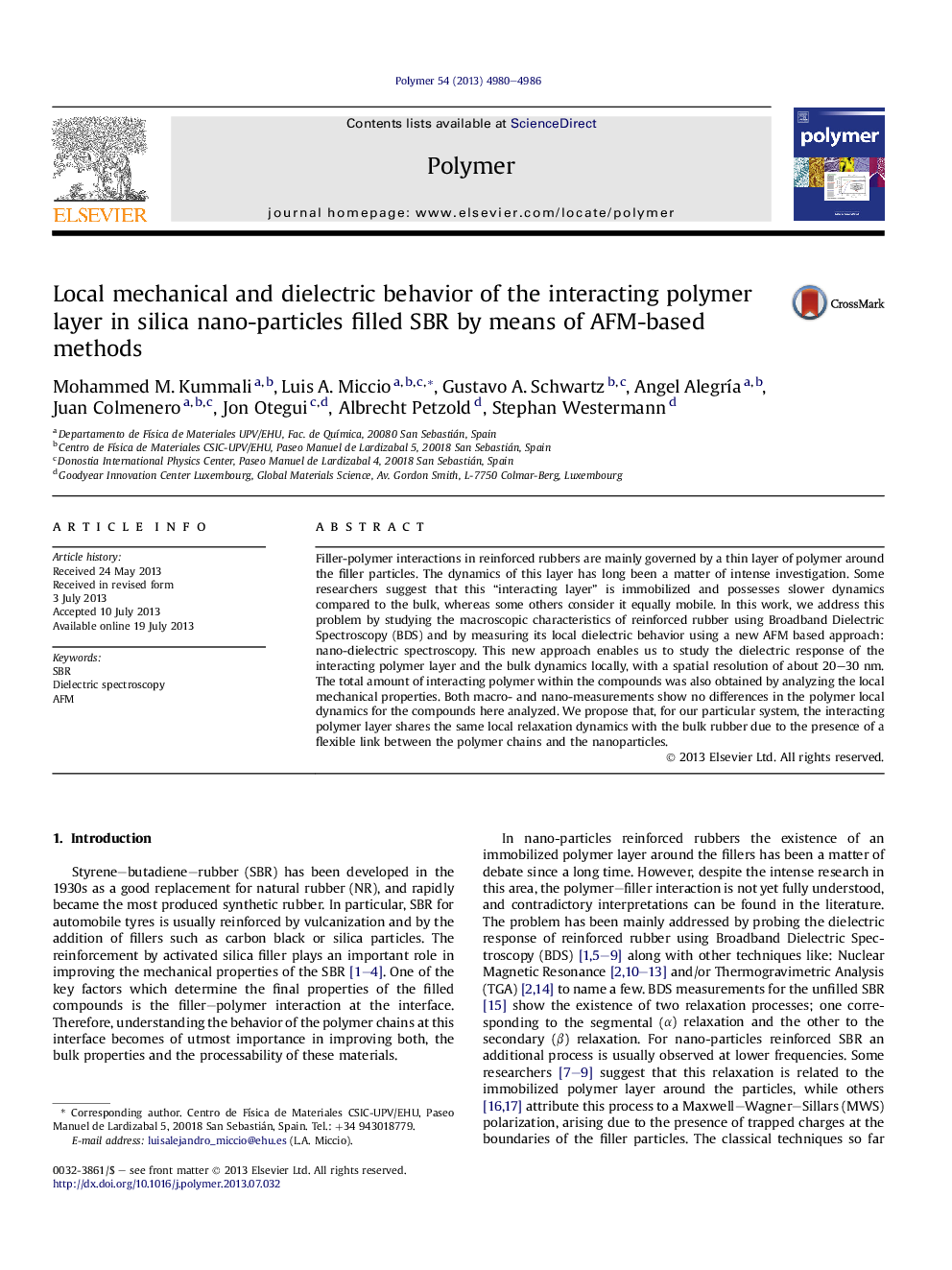 عکس صفحه اول مقاله: Local mechanical and dielectric behavior of the interacting polymer layer in silica nano-particles filled SBR by means of AFM-based methods Local mechanical and dielectric behavior of the interacting polymer layer in silica nano-particles filled SBR by means of AFM-based methods