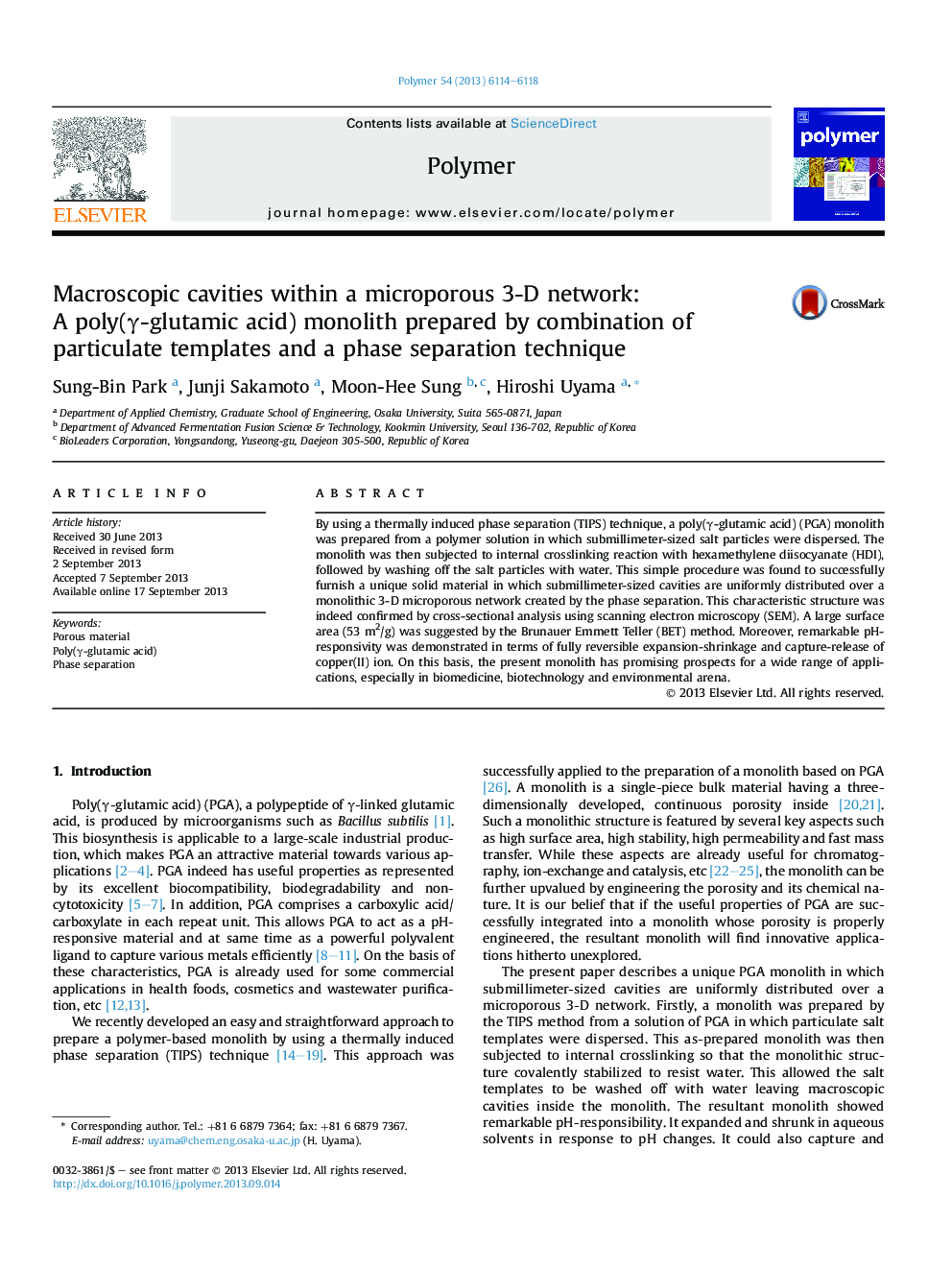 Macroscopic cavities within a microporous 3-D network: A poly(Î³-glutamic acid) monolith prepared by combination of particulate templates and a phase separation technique