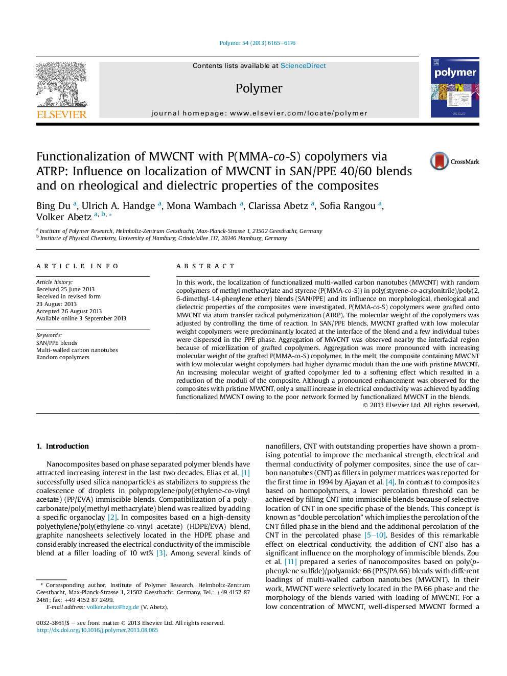 Functionalization of MWCNT with P(MMA-co-S) copolymers via ATRP: Influence on localization of MWCNT in SAN/PPE 40/60 blends and on rheological and dielectric properties of the composites