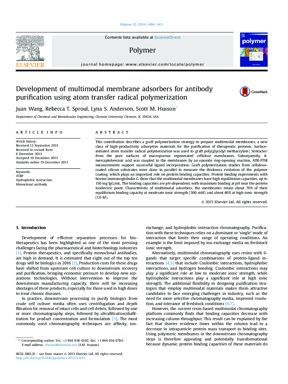 Development of multimodal membrane adsorbers for antibody purification using atom transfer radical polymerization