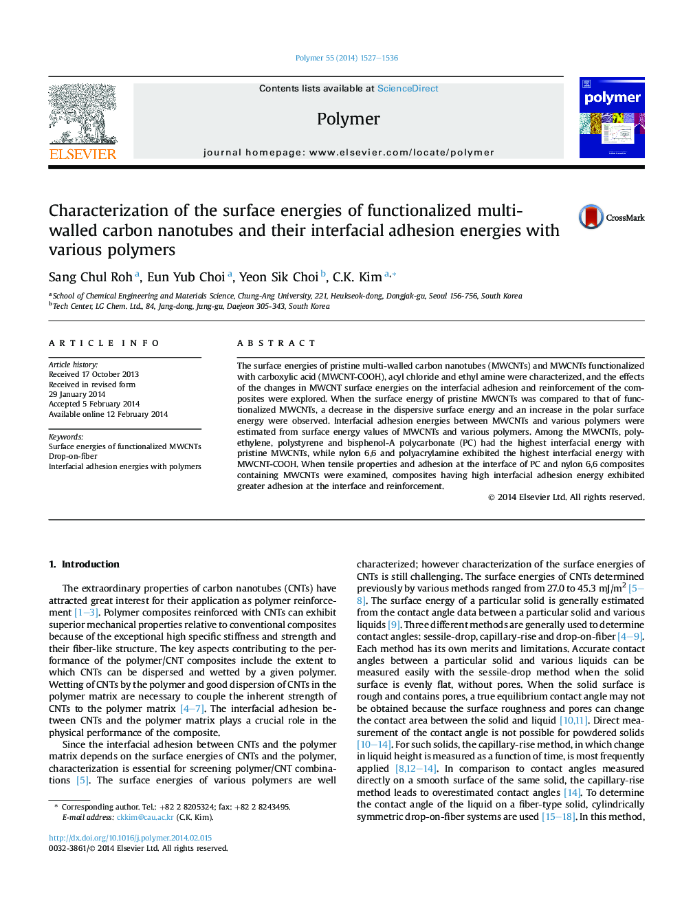 Characterization of the surface energies of functionalized multi-walled carbon nanotubes and their interfacial adhesion energies with various polymers