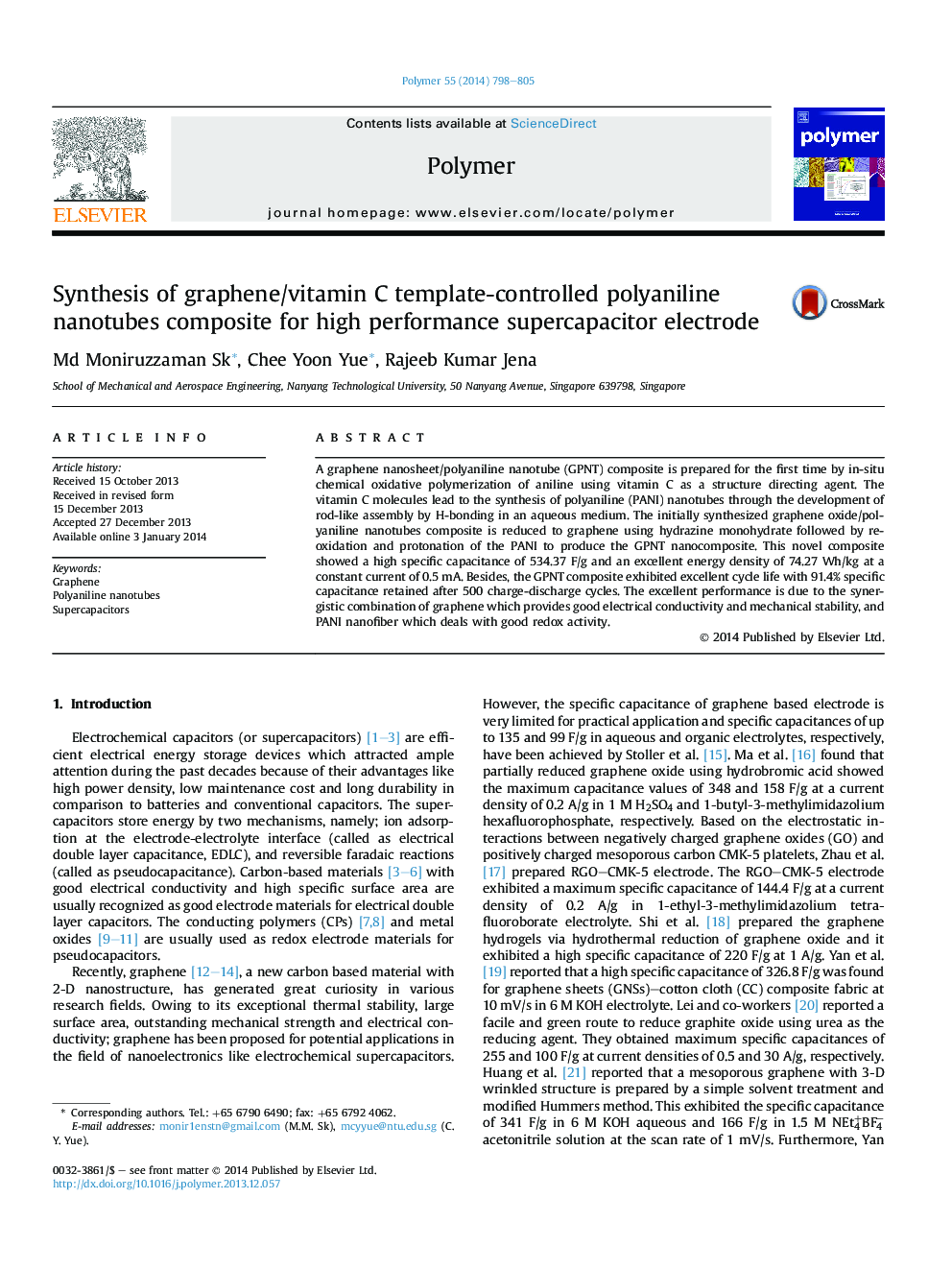 Synthesis of graphene/vitamin C template-controlled polyaniline nanotubes composite for high performance supercapacitor electrode