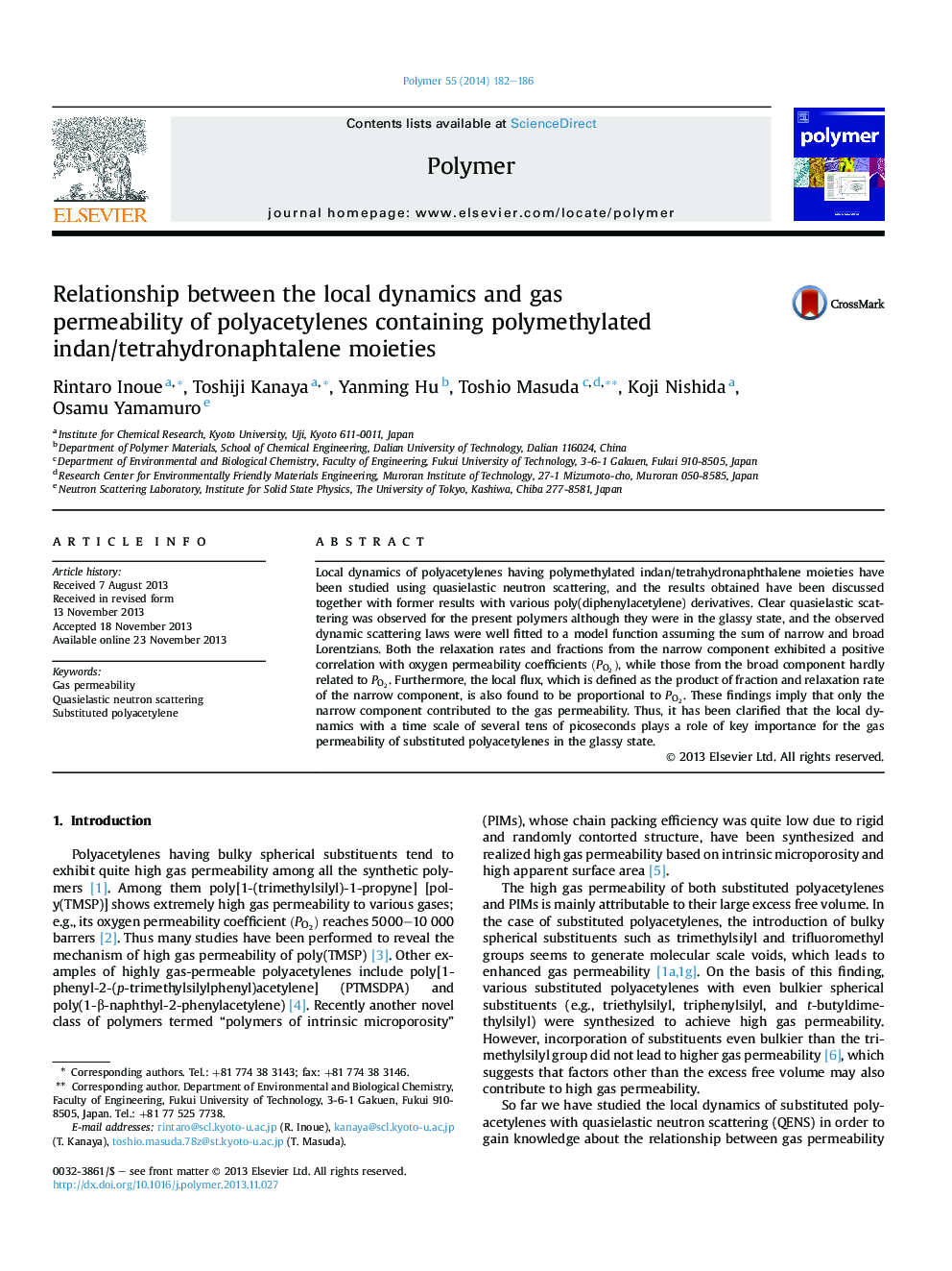 Relationship between the local dynamics and gas permeabilityÂ ofÂ polyacetylenes containing polymethylated indan/tetrahydronaphtalene moieties
