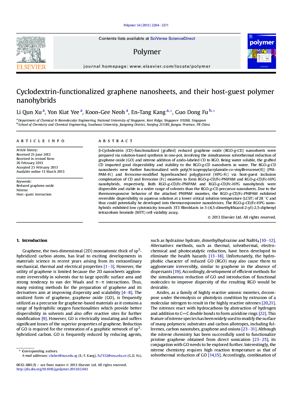 Cyclodextrin-functionalized graphene nanosheets, and their host-guest polymer nanohybrids