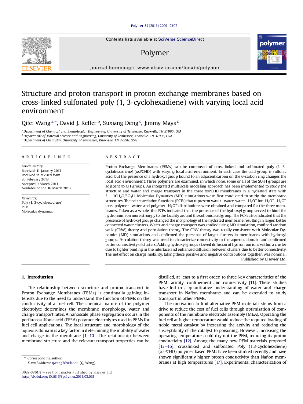 Structure and proton transport in proton exchange membranes based on cross-linked sulfonated poly (1, 3-cyclohexadiene) with varying local acid environment