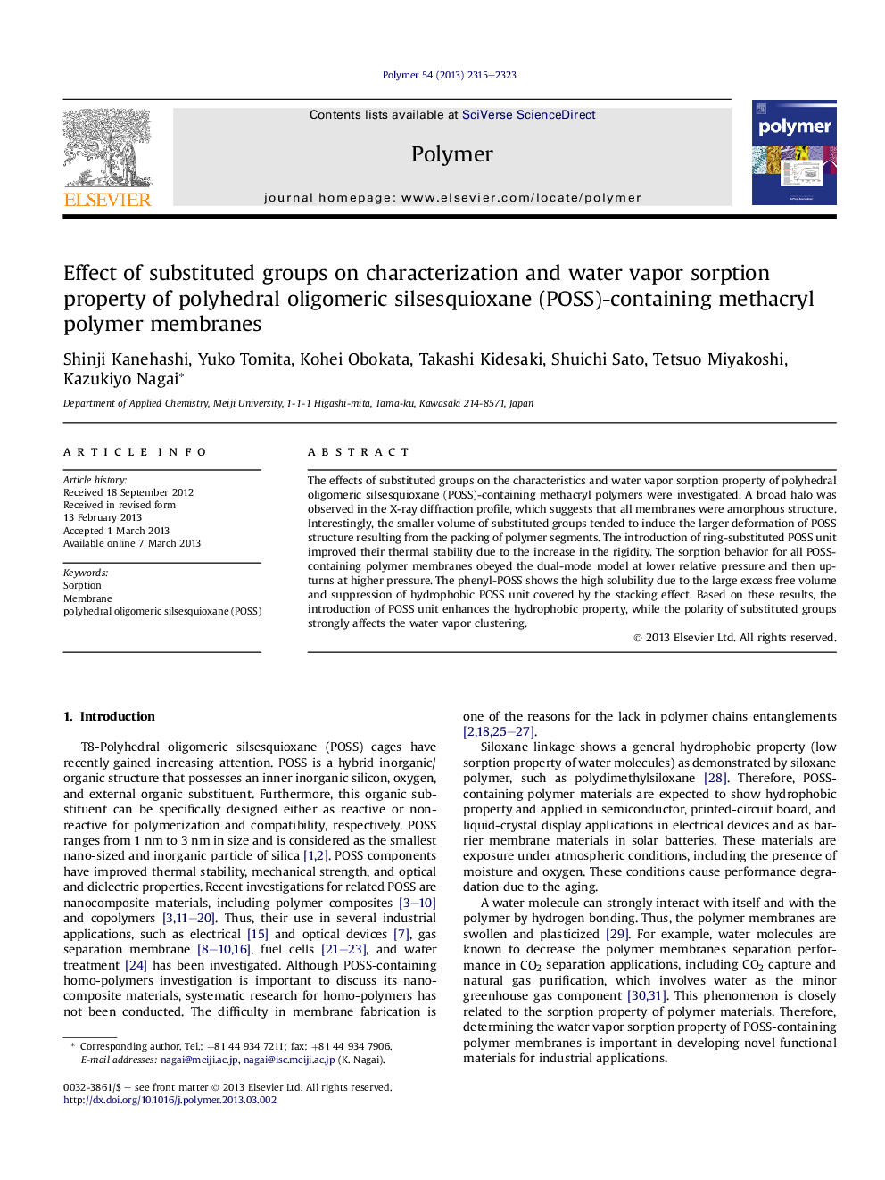 Effect of substituted groups on characterization and water vapor sorption property of polyhedral oligomeric silsesquioxane (POSS)-containing methacryl polymer membranes