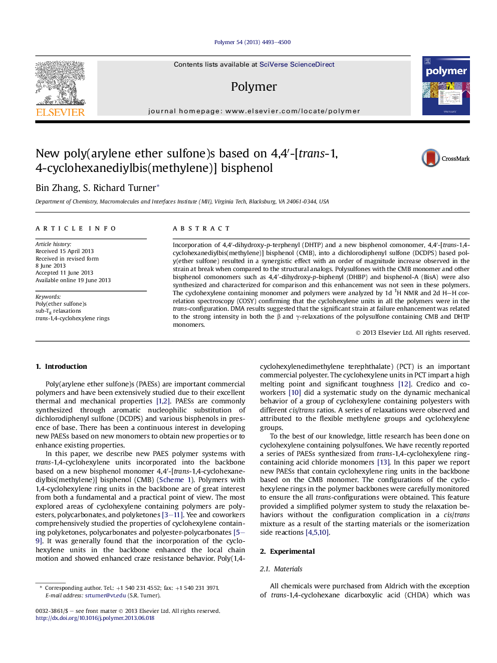 New poly(arylene ether sulfone)s based on 4,4â²-[trans-1,4-cyclohexanediylbis(methylene)] bisphenol